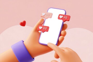 Hand holding a smartphone with social media notification icons like hearts and likes appearing, representing online engagement and digital communication