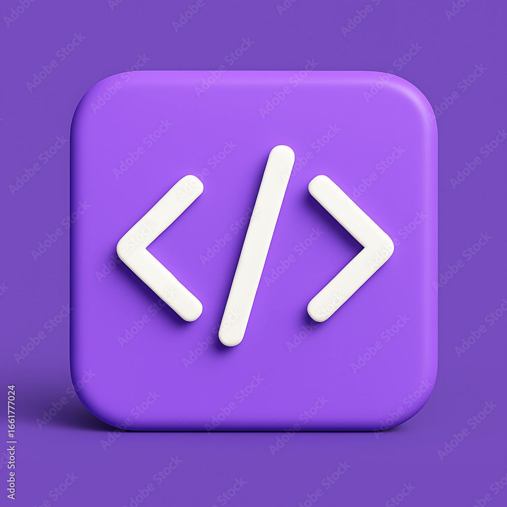 Poster 3d purple square icon with white code brackets symbol coding isolated on a transparent background