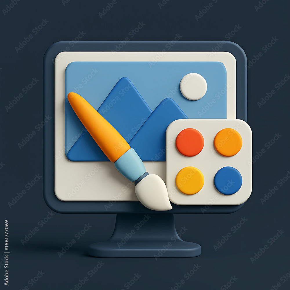 Aufkleber 3d rendered computer screen with paintbrush and color palette monitor display isolated on a transpar