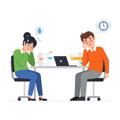 Overwhelmed and Drained: Two office workers struggle under the weight of deadlines and mounting paperwork, their exhaustion vividly illustrated in this eye-catching artwork