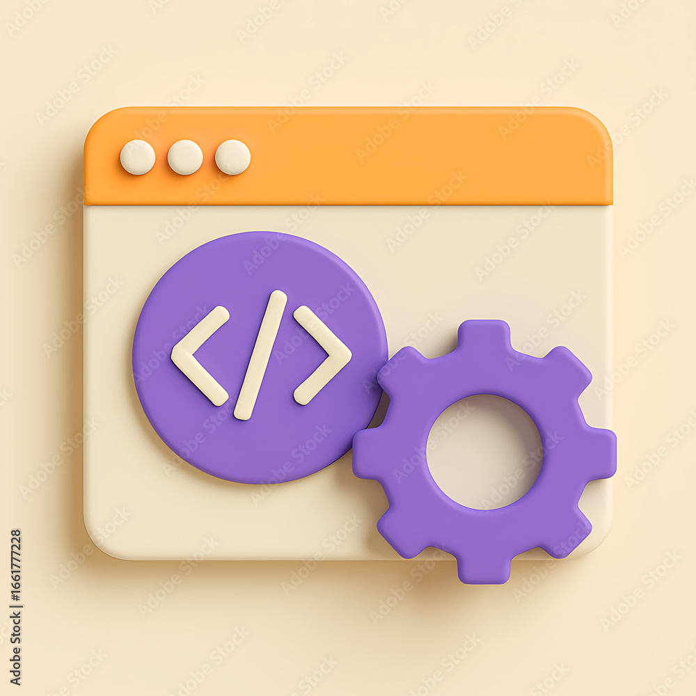 Poster 3d web design icon with code symbol and gear on beige background technology isolated on a transparen