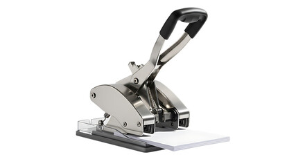 Metal hole punch with paper isolated on transparent background, an essential office tool for organizing documents and creating neatly bound stacks of sheets for efficient filing