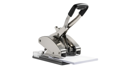 Metal hole punch with paper isolated on transparent background, an essential office tool for organizing documents and creating neatly bound stacks of sheets for efficient filing