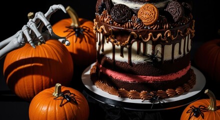 Spooky Halloween cake surrounded by pumpkins and a skeletal hand