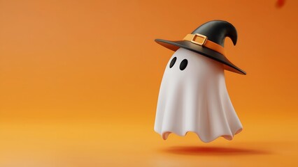 A cute 3d ghost wearing a witch hat on an orange background, perfect for halloween celebrations and spooky themes