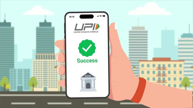 UPI payment success animation, mobile banking transaction approved, digital wallet confirmation, online money transfer success screen, financial technology video with city background