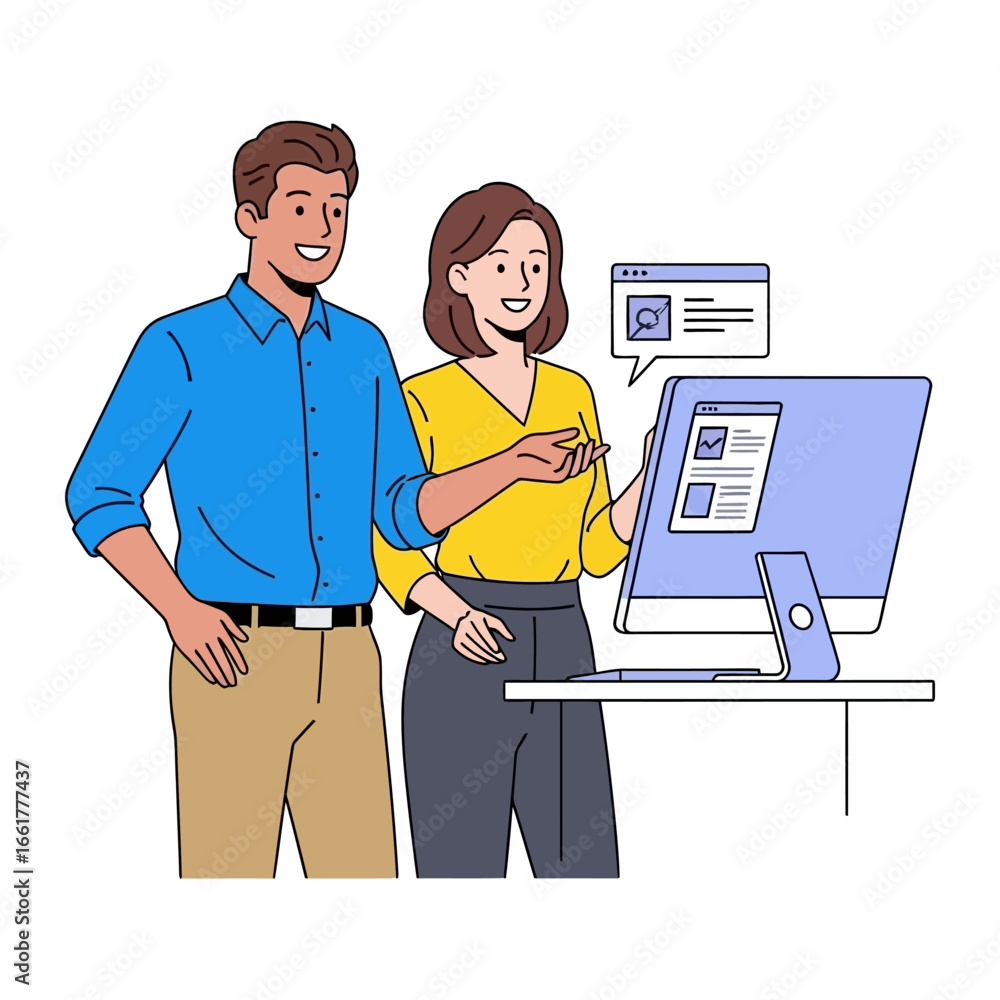 Poster teamwork in the digital age: two colleagues collaborate at a computer, with a focused gaze towards t