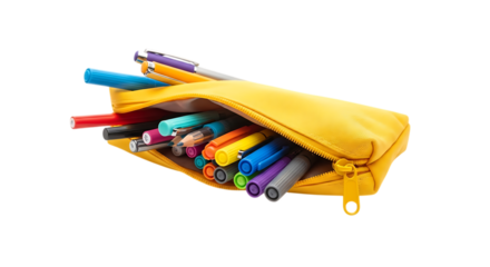 A yellow pencil case filled with colorful pens and markers, isolated on transparent background, showcasing a vibrant collection of art and writing supplies