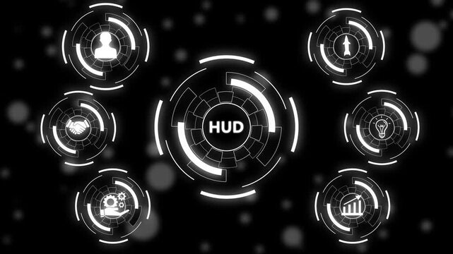 Digital Technology Icons with Neon Green HUD Effect. Futuristic Business and Technology Concept Animation.