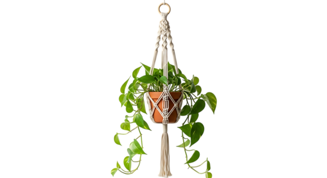 Golden pothos plant in a macrame hanger isolated on transparent background, perfect for adding a touch of nature and bohemian style to your home decor with its lush green leaves