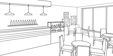 Cafe interior graphic black white sketch illustration vector  © aluna1