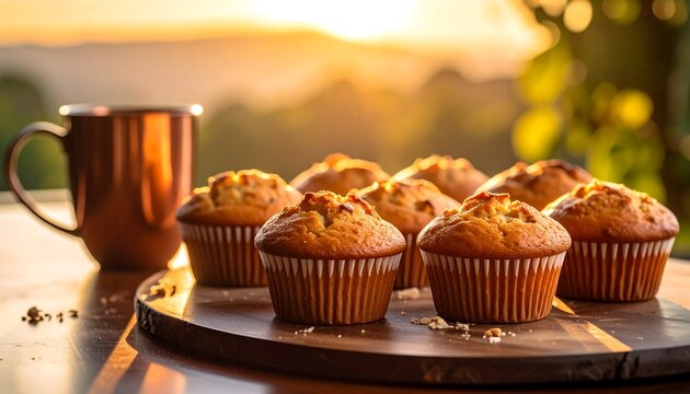 Enjoying Fresh Muffins and Coffee Mug at Sunrise