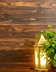 Golden lantern on dark wooden backdrop