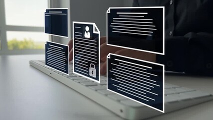 Protecting herself from cyber attacks. Documents confidentiality,cyber security protection concept. Software for security, searching and managing corporate document and employee information. - Powered by Adobe