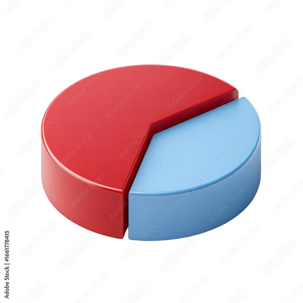 Poster a 3d rendered pie chart with two segments, one red and one blue, isolated on a transparent backgroun
