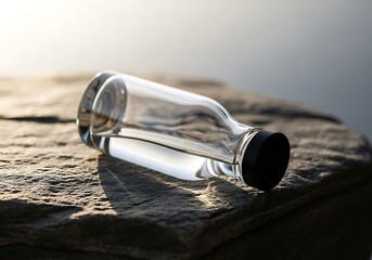 International coffee day a clear glass bottle filled with pure water lies on a textured stone surface, bathed in warm golden hour light