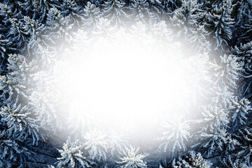 Drone shot of snow-covered fir trees. Christmas picture frame with transparent oval gradient. Flatlay, PNG.