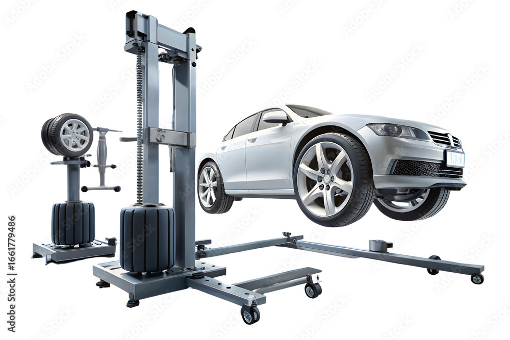 Poster auto service concept wheel balancing machine with car wheels isolated on transparent background