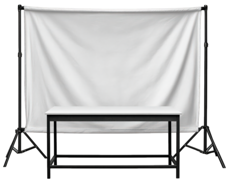 White backdrop studio setup with metal table, ideal for product photography, featuring soft lighting and minimalistic style for professional shoots
