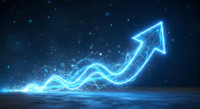 A vibrant blue-cyan glowing arrow shoots upwards, leaving a sparkling, wavy trail on a dark, textured surface, symbolizing progress