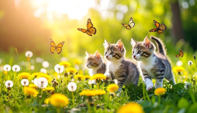 Fototapeta Three kittens running in a meadow filled with dandelions and butterflies on a sunny day