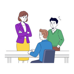 Workplace Confrontation: An illustration captures a tense office setting, with a displeased figure confronting two others.