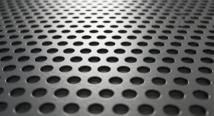 A sleek, dynamically lit metal sheet with a uniform pattern of circular perforations receding into the distance, creating a sense of depth and industrial texture on a gradient grayscale backdrop.