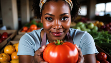 Fototapeta premium A woman with curly hair and a colorful headband, wearing a light blue shirt and a maroon apron, holding a large red tomato at a market stall surrounded by fresh produce.