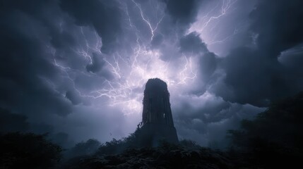 Abandoned Tower Surrounded by Thunderstorms and Striking Lightning