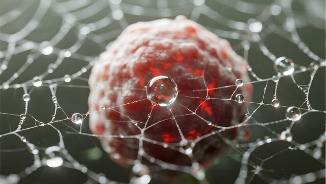 Raspberry Enveloped in Dew-Drenched Spider Web