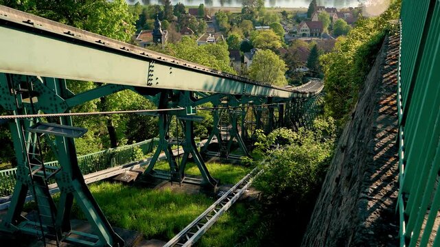 View of historic Dresden Schwebebahn suspension railway structure. Unique engineering landmark with cityscape in background on clear day. Germany