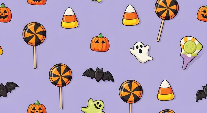 Halloween candy pattern with lollipops, candy corn, pumpkins, ghosts, and bats on a purple background.