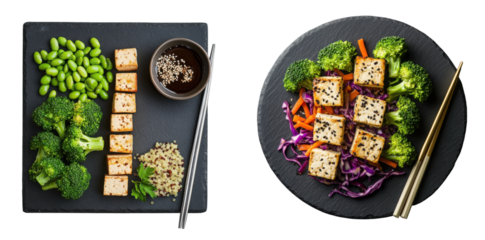 Plant-based meal with tofu, edamame, and broccoli on black plates. Set     