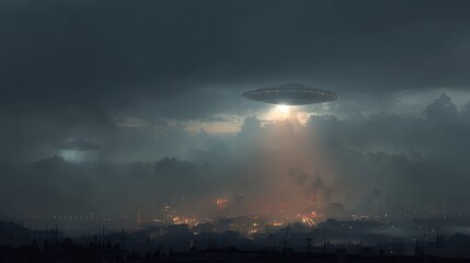 Obraz premium Alien UFO Over City Rooftops During Mysterious Night Invasion