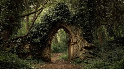 Fototapeta premium Overgrown Ancient Archway Surrounded by Thorny Wilderness