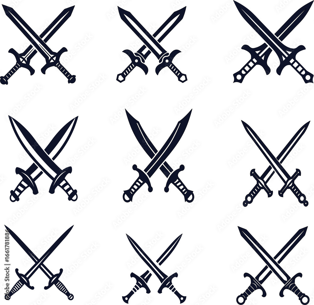 Poster Crossed swords vector icon set in multiple styles. Perfect for medieval, combat, or fantasy game designs. Fully editable and scalable.