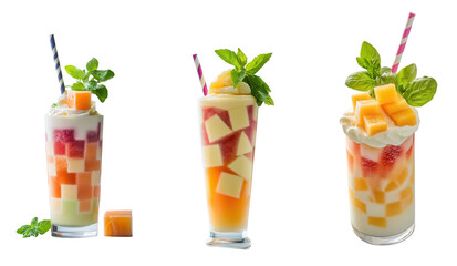 Refreshing fruit cocktails in tall glasses with mint garnish. Set     