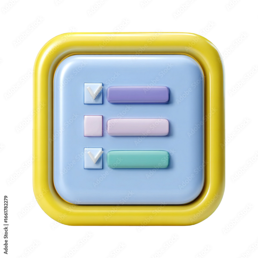 Poster 3d icon of a checklist with three items, two marked and one incomplete, isolated on transparent back