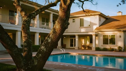 Luxurious two-story house with a swimming pool and large tree in the foreground