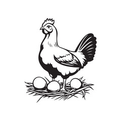 Vector illustration of a cute cartoon hen laying an egg. Perfect for farm themes, children’s books, educational materials, and food-related designs.
