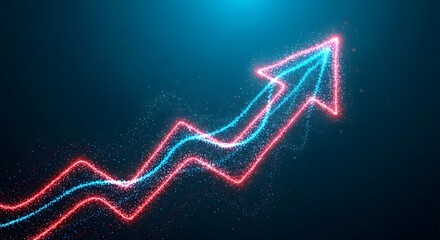 A glowing red arrow ascends, composed of particles, against a dark background with teal accents. The arrow signifies growth and progress