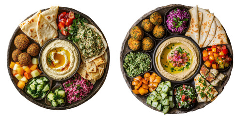 Assorted Mediterranean appetizer platter with hummus and fresh vegetables. Set     