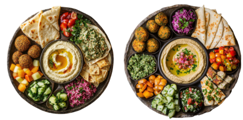 Assorted Mediterranean appetizer platter with hummus and fresh vegetables. Set