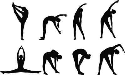 Silhouette Yoga and Stretching Poses for Fitness, Wellness, Flexibility, and Exercise Routine Vector Illustration Suitable for Adobe Stock Content