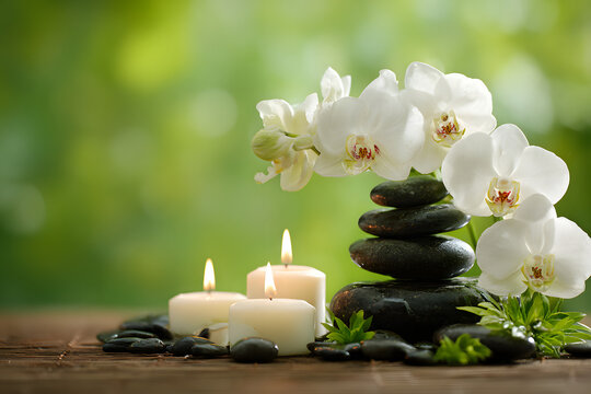 Elegant white orchid flowers and stacked smooth stons with lit candles, creatig a serene and calming spaatmosphere on a soft greenbackground.