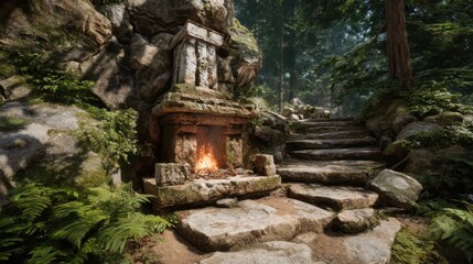 Obraz premium Ancient Mountain Shrine with Fire Altar Surrounded by Lush Forest