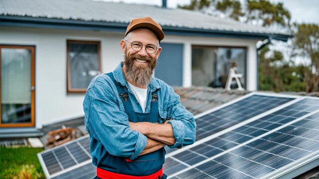Solar panel installer smiling at the camera with a house and solar panels in the background, symbolizing clean energy, eco living, and sustainable technology.