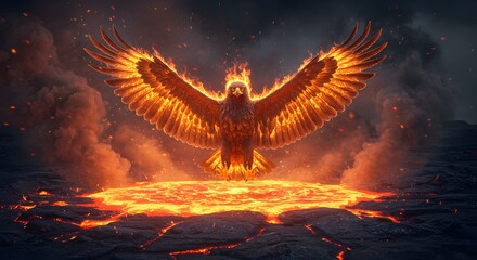 A fiery eagle with outstretched wings hovers over glowing molten rock