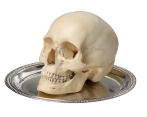 Human skull anatomical bone silver tray medical science eerie isolated realistic study macabre. realistic human skull rests silver tray creating eerie and scientific atmosphere perfect for anatomy