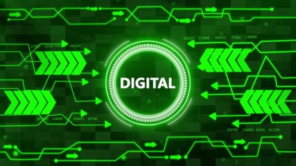 Digital text concept head up display (HUD UI) panel and futuristic technology abstract background. Abstract Digital Data Stream and Circuit Board Motion Graphics.